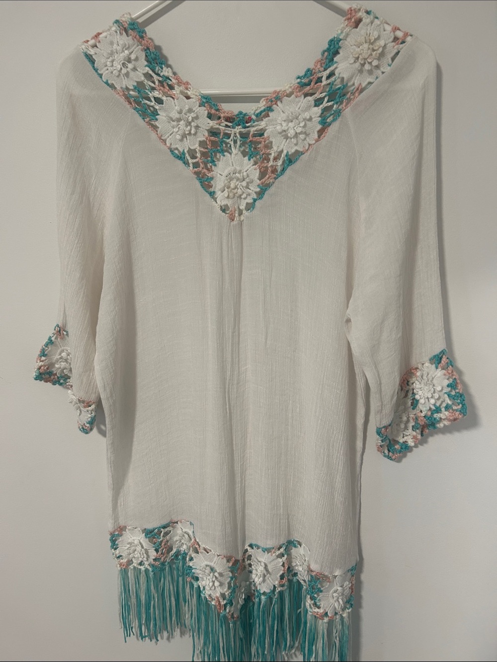 White Crochet-Trim Fringe swimsuit cover- up with Teal Accents